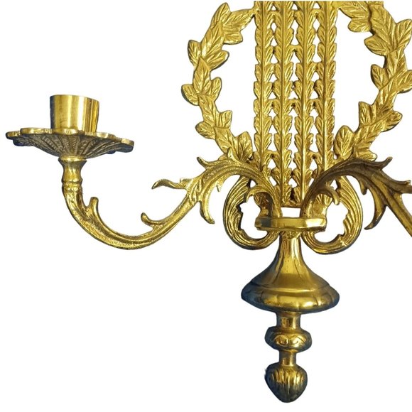 Vtg Gold Brass Wall Sconces 2 Arm Candelabra Mid Century Laurel Acanthus Leaves - Picture 7 of 9